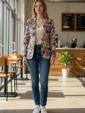 Liz Claiborne One Button Linenblend Floral Blazer in Cream, Purple & Pink Size 4